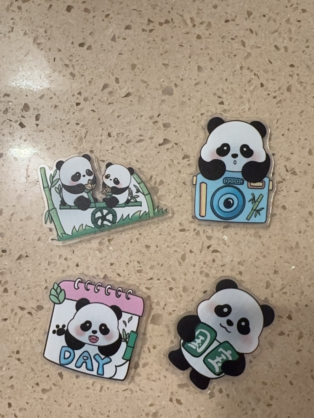 4 Pcs Cute Kawaii Panda Acrylic Fridge Magnets Set - Camera, Calendar, Bamboo De